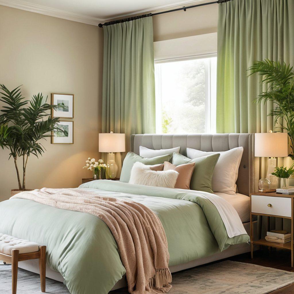 A cozy bedroom scene featuring a beautifully made bed with luxurious bedding in soft pastel colors, fluffy pillows, and a warm throw blanket. Include bedside tables with chic lamps, a calming window with soft sunlight filtering through sheer curtains, and plants to bring in a touch of nature. The atmosphere should evoke comfort and tranquility, making viewers imagine the perfect restful retreat. super-realistic. soft colors. warm lighting.