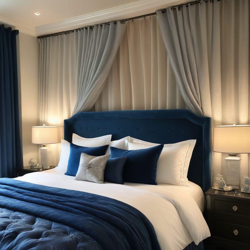 A tranquil bedroom with a luxurious waterbed, soft lighting casting a warm glow, surrounded by calming hues of blue and white. Include elements like plush pillows, a serene nightstand with essential oils, and a softly flowing water feature in the background to enhance the relaxation theme. Elegant curtains fluttering gently by an open window showcasing a starry night sky. super-realistic. calming colors. vibrant details.