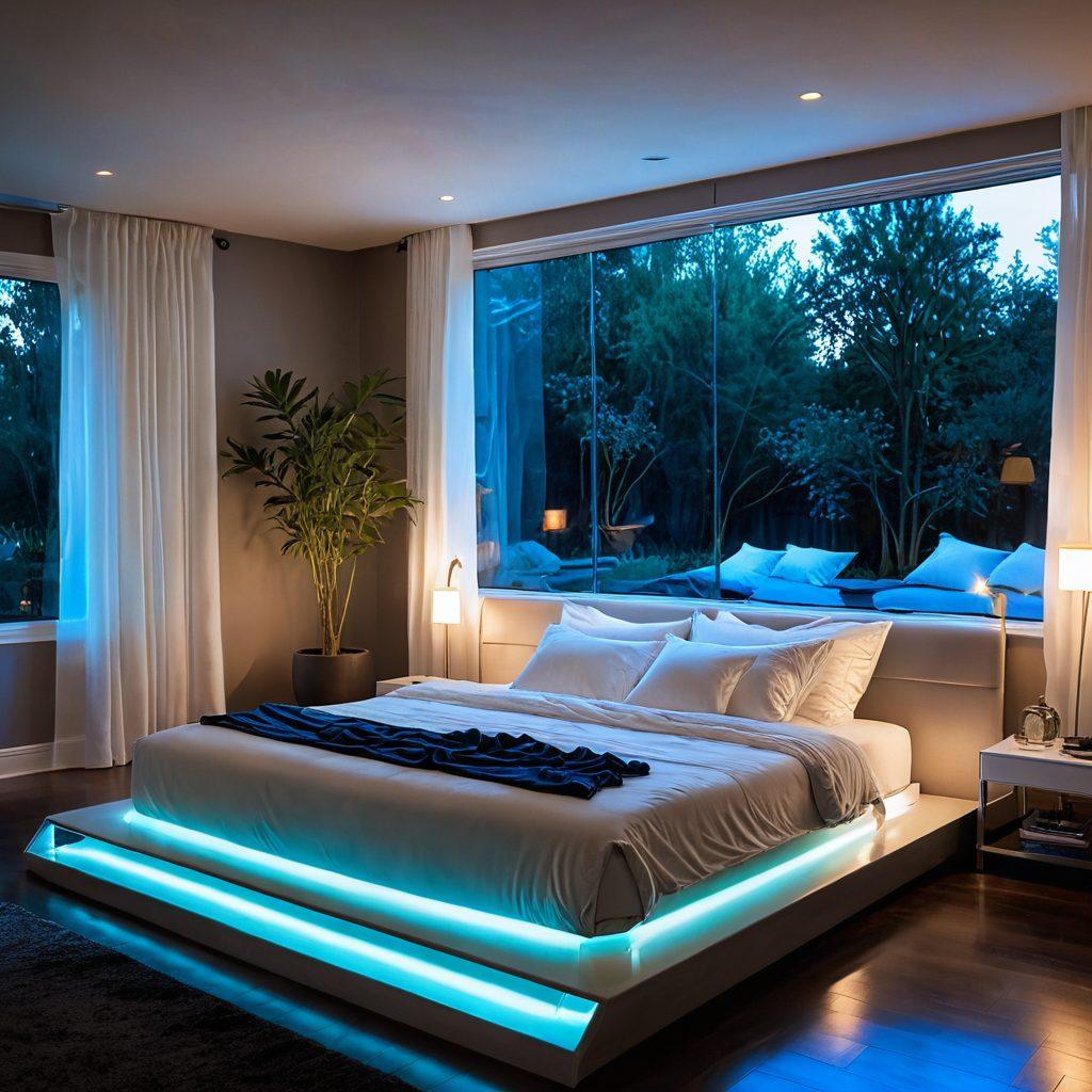 A luxurious bedroom featuring an innovative waterbed with soft waves reflecting light, surrounded by cozy pillows and plush blankets. The room is adorned with modern decor, warm ambient lighting, and large windows revealing a serene outdoor garden. Add soothing colors like blues and whites to evoke a sense of calm and comfort. dreamy and inviting atmosphere. super-realistic. vibrant colors.